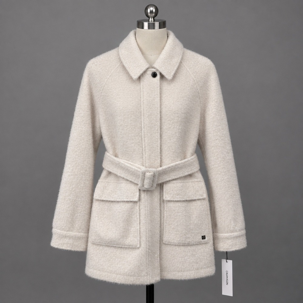 Calvin Klein Coat Women's Small Ivory Boucle Belted Lined Jacket NWT MSRP $315
